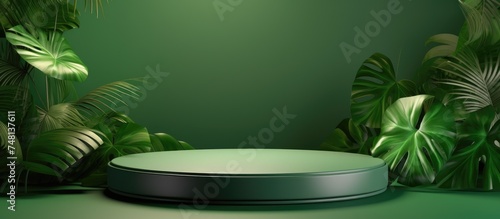A green room featuring a round object in the center, possibly a geometric podium mockup with tropical leaves. The room has a minimalist and abstract design,