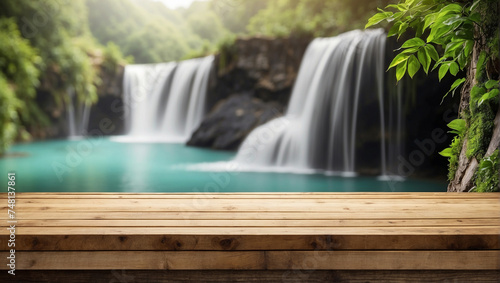 Empty wooden table for product display with waterfall background