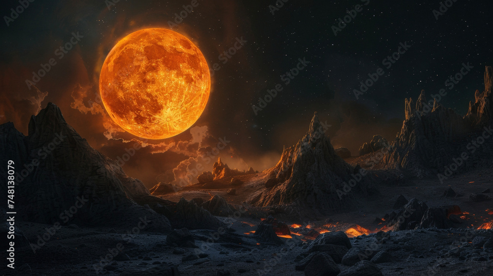 The moon glows a bright orange adding to the eerie atmosphere of the night.