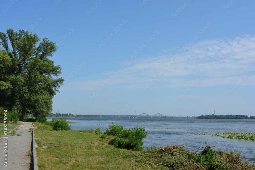 City landscape of the left bank with trees, a river with water lilies and a new bridge across the river.