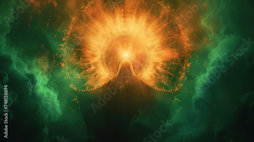 Orange colored light and green colored light in a radial burst of holy godly halo lights eminating from the center of the image. AI generated photo