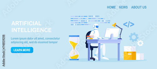 Humanoid robot working at computer in office workspace. Artificial intelligence, AI. Automation business process. Work organization. Project management, software development. Automated business system