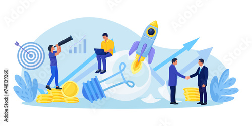 Innovation to launch new idea. Businessman think and develop new project, organize and launch innovation product. Startup or start new company. Innovative rocket flying from broken light bulb