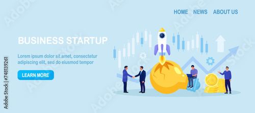 Innovation to launch new idea. Businessman think and develop new project, organize and launch innovation product. Startup or start new company. Innovative rocket flying from broken light bulb