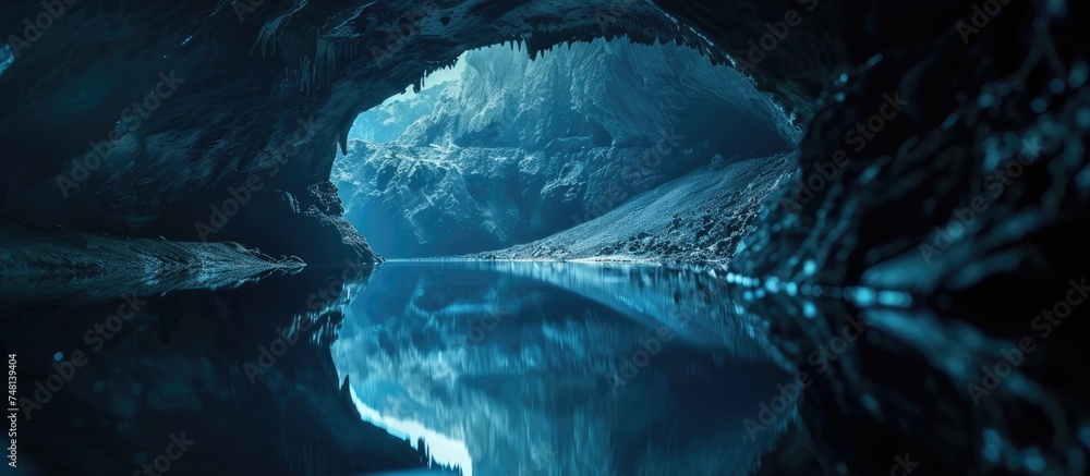 A large cavern housing a tranquil lake inside, creating a mesmerizing scene that showcases the intricate depths of the underground world. The water glistens under the dim light, offering a glimpse of
