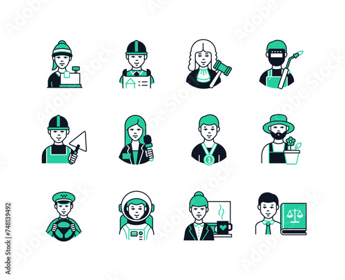 Professions for women and men - line design style icons set with editable stroke. Cashier, engineer, judge, laborer, journalist, athlete, gardener, taxi driver, astronaut, office worker, lawyer