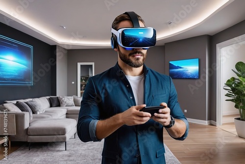 people wearing vr headset to design with hand from empty room to built furniture show in blue hologram argument reality. system show smart future innovation concept,hologram concept.ai generated