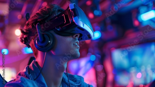 A young man explores a digital universe using a VR headset amidst the colorful glow of neon lights. © doraclub