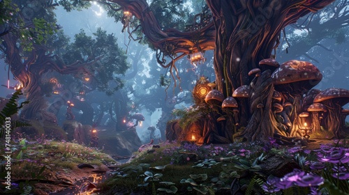A mystical forest landscape at twilight, illuminated by the glow of bioluminescent mushrooms and whimsical tree houses.