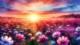 Landscape Watercolor of Beautiful and Amazing Cosmos Flower Field Landscape at Sunset