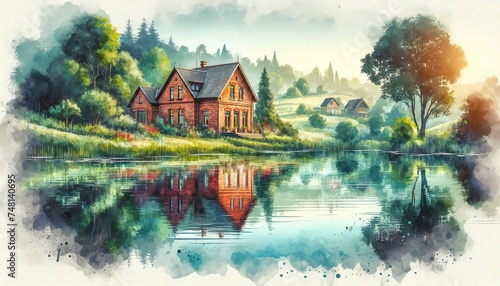 Landscape Watercolor of Brick House in the Countryside Near a Lake with a Mirror Reflection in the Water