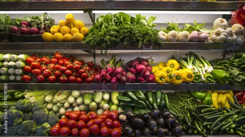 Vegetable farmer's market counter Nutritious Vegetables, various fresh organic healthy vegetables.