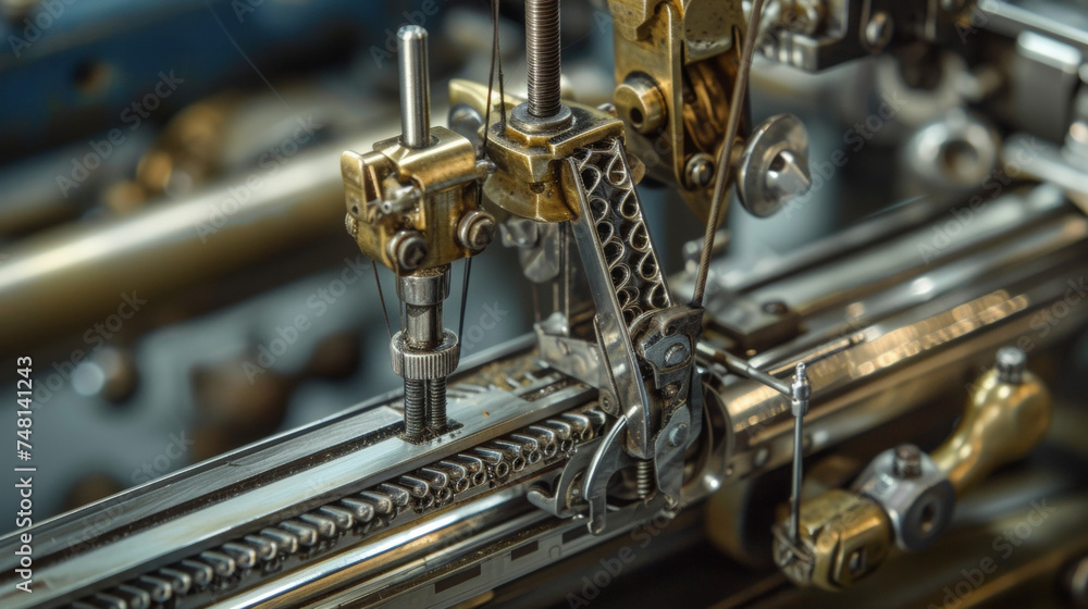 A detailed view of the machines takeup lever responsible for pulling the thread through the fabric after each stitch. A detailed view of the machines takeup lever responsible for pulling the thread through the fabric after each stitch.