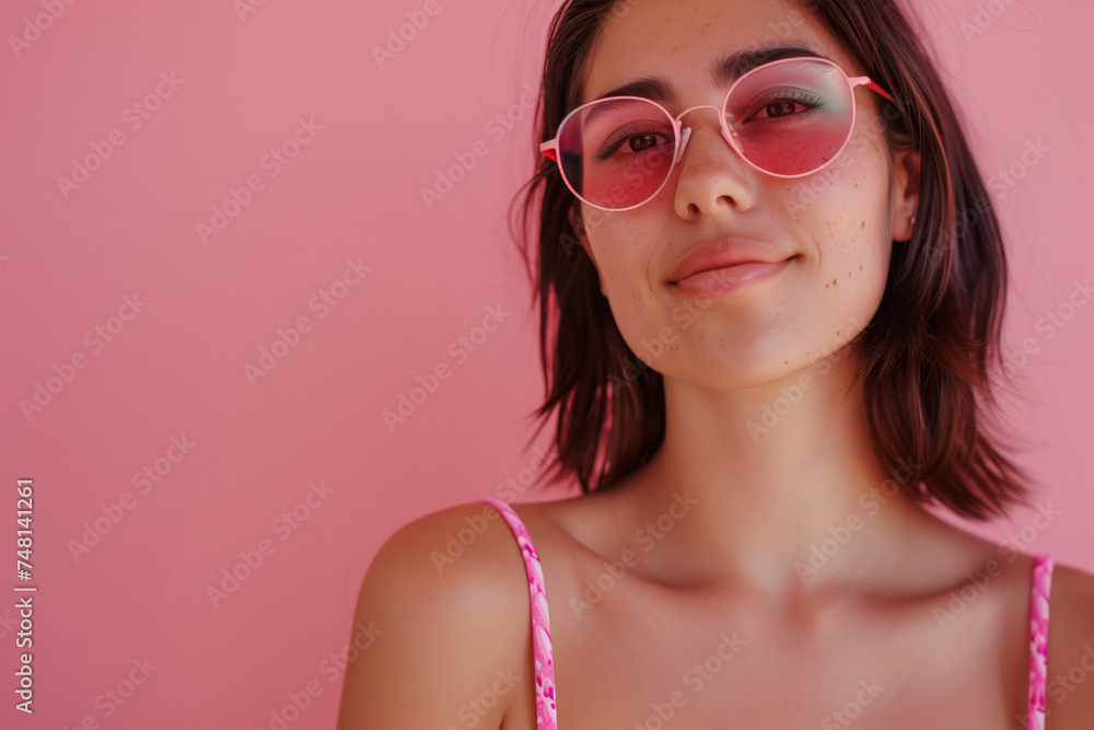A woman wearing pink sunglasses is standing in front of a pink wall, looking ahead. A woman wearing pink sunglasses is standing in front of a pink wall, looking ahead.