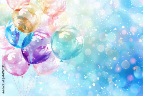 Holographic iridescent transparent balloons background, festive party watercolor design photo