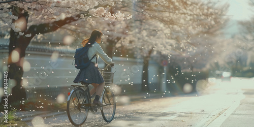 Cherry blossom road in the city, cherry blossom tree-lined road in the city, high school girls riding a bike on a cherry blossom road, high school girls riding a bike in school uniform on a cherry blo © butler