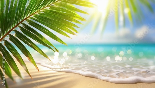 Blur beautiful nature green palm leaf on tropical beach with bokeh sun light wave abstract background. Copy space of summer vacation and business travel concept.