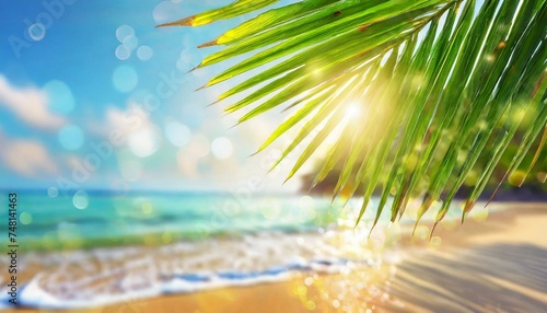 Blur beautiful nature green palm leaf on tropical beach with bokeh sun light wave abstract background. Copy space of summer vacation and business travel concept. 