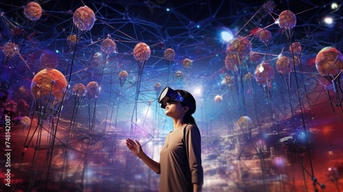 Person Experiencing Futuristic Virtual Reality Interface. An individual is fully immersed in a virtual reality simulation, interacting with a complex digital network and holographic data nodes.