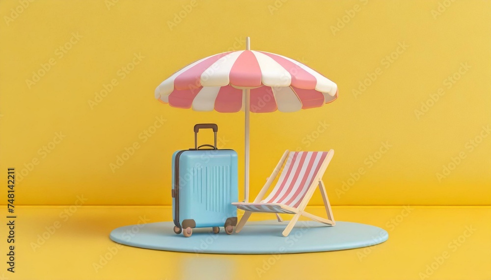 Cartoon suitcase, beach chair and umbrella on a yellow background. Minimal summer concept