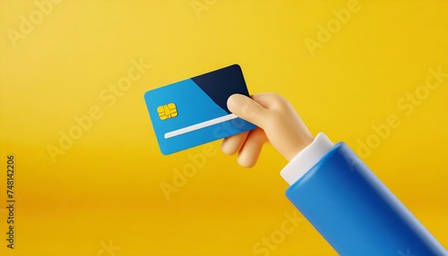 Cartoon hand holding bank credit card isolated over yellow background. 3d icon