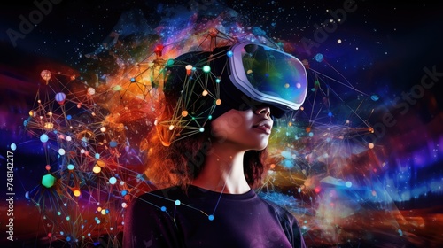 Immersive Virtual Reality Exploration with Digital Nodes. An individual explores a network of glowing digital nodes through VR headgear, symbolizing advanced cyber connectivity and learning.