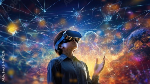 Wallpaper Mural Person Experiencing Futuristic Virtual Reality Interface. An individual is fully immersed in a virtual reality simulation, interacting with a complex digital network and holographic data nodes.

 Torontodigital.ca