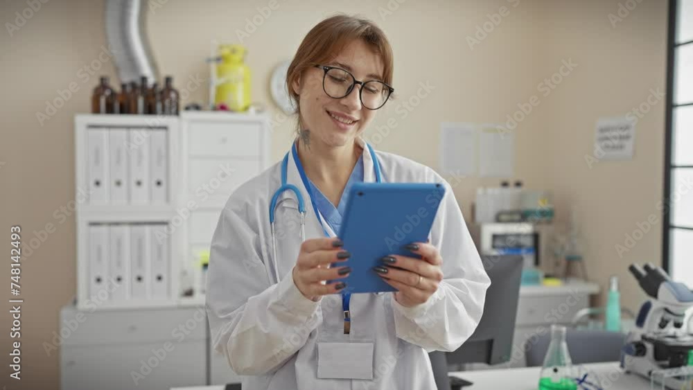 A young female doctor in glasses reviewing digital data on a tablet inside a well-equipped laboratory. A young female doctor in glasses reviewing digital data on a tablet inside a well-equipped laboratory.