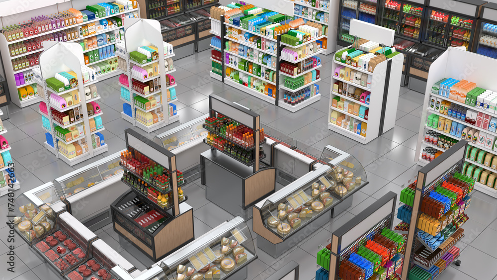 Top view of grocery store interior with shelves of goods. 3d illustration