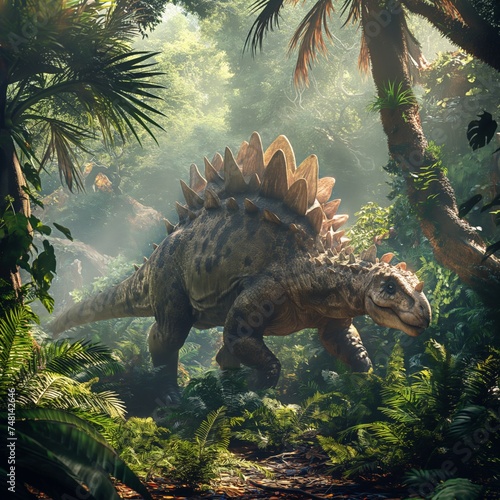 Stegosaurus in Misty Prehistoric Jungle