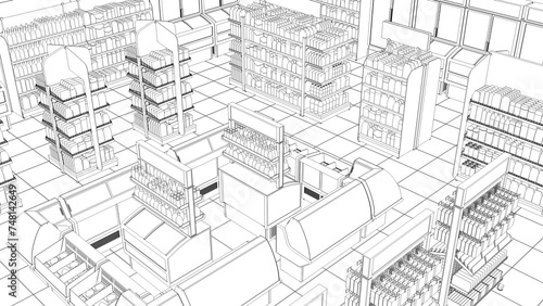 Contour visualization of grocery store isometric view with racks of blank goods. 3d illustration