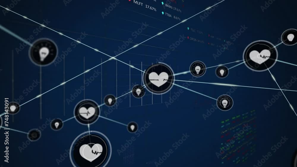 Animation of network of connections with icons over data processing Animation of network of connections with icons over data processing