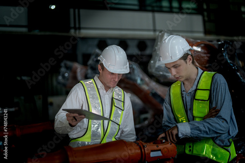 Sales manager and factory owner in suits negotiating selling robots used in the factory. Business engineers meeting and checking new machine robot. Workers walking at warehouse welding machine.