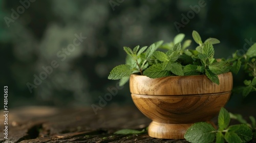 Portrait of wooden mortar containing fresh and fragrant herbs. Copy space, AI generated image