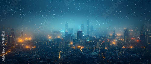 The concept of a modern city with a wireless network connection and a cityscape. Wireless technology concept with a cityscape background at night. photo