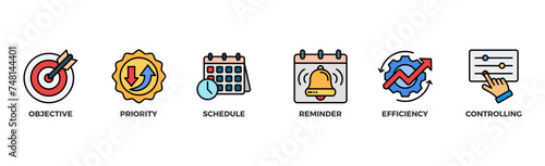 Time management banner web icon illustration concept with icon of objective, priority, schedule, reminder, efficiency, alerts, and controlling