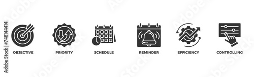 Time management banner web icon illustration concept with icon of objective, priority, schedule, reminder, efficiency, alerts, and controlling