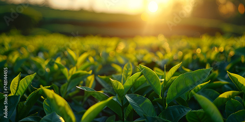 Tea Leaves Tapestry Background of Agriculture Tea Plantations Elegance Tea Bud and Leaves Fresh Green tea leaves Close-up in a morning tea plantation with sun lights.