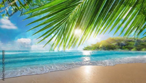 Blur beautiful nature green palm leaf on tropical beach with bokeh sun light wave abstract background. Copy space of summer vacation and travel concept. 