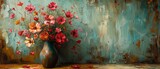 Painting, abstract, metal element, texture background, flowers, plants, flowers in a vase.