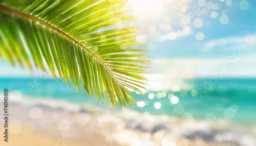 Blur beautiful nature green palm leaf on tropical beach with bokeh sun light wave abstract background. Copy space of summer vacation and business travel concept. 