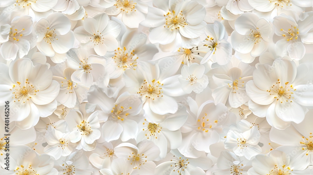 a dense field of delicate white flowers with golden centers, creating a soft and even horizontal surface ideal for showcasing an object in a natural setting. SEAMLESS PATTERN. a dense field of delicate white flowers with golden centers, creating a soft and even horizontal surface ideal for showcasing an object in a natural setting. SEAMLESS PATTERN.