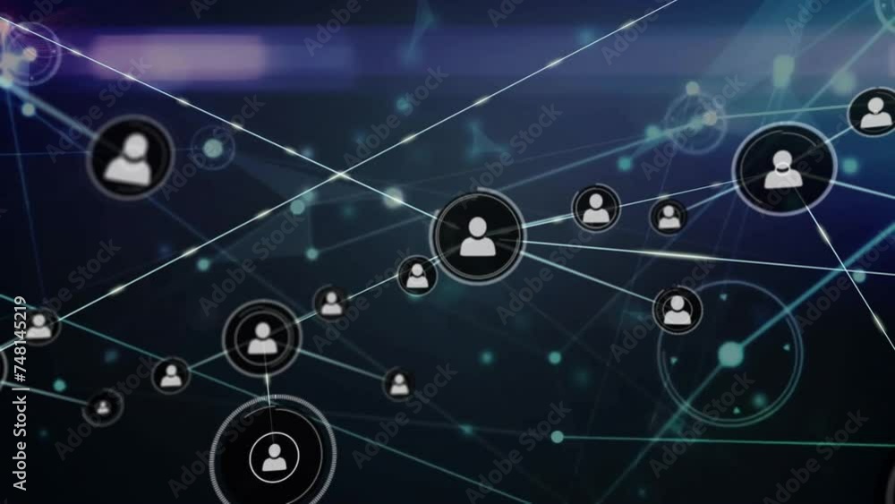 Animation of network of connections with icons over light spots