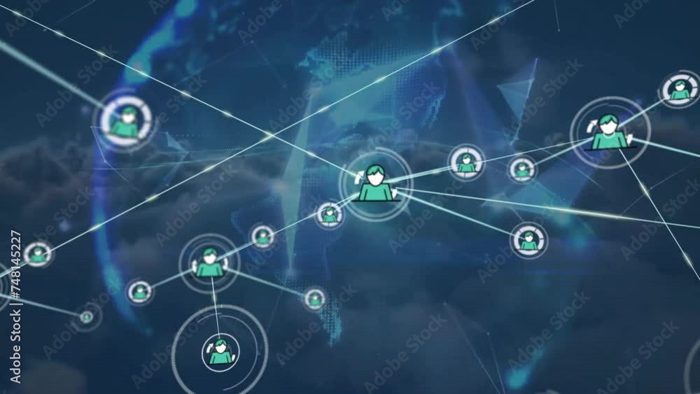 Animation of network of connections with icons over shapes and clouds Animation of network of connections with icons over shapes and clouds
