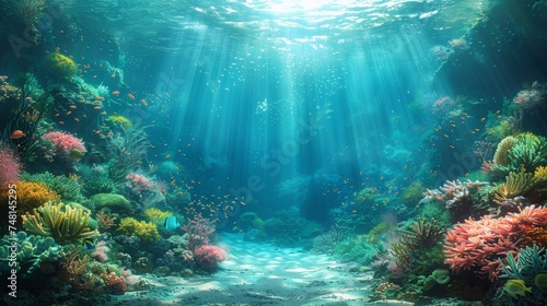 An underwater scene showing tropical seabeds with reefs and sunshine