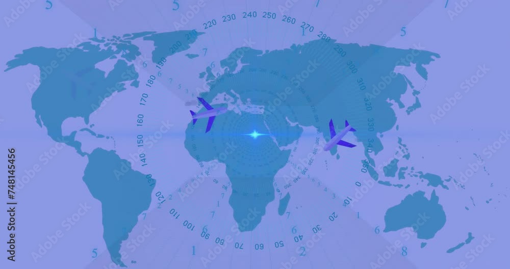 Animation of numbers in circles and planes over world map Animation of numbers in circles and planes over world map