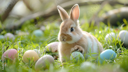 Bunny with painted easter eggs in the grass.