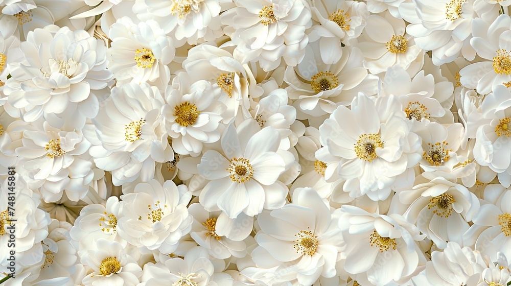 a dense field of delicate white flowers with golden centers, creating a soft and even horizontal surface ideal for showcasing an object in a natural setting. SEAMLESS PATTERN. a dense field of delicate white flowers with golden centers, creating a soft and even horizontal surface ideal for showcasing an object in a natural setting. SEAMLESS PATTERN.