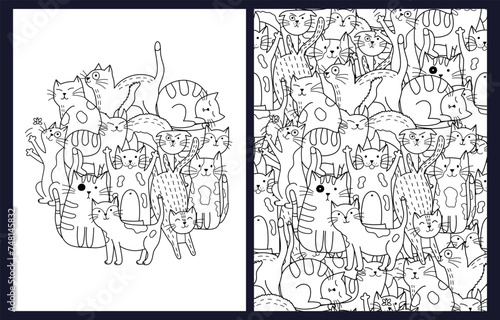 Cute doodle cats coloring pages set. Black and white templates with funny feline characters. Outline background. Vector illustration