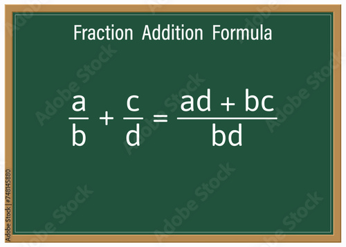 Fraction Addition Formula on a green chalkboard. Education. Science. Formula. Vector illustration.
